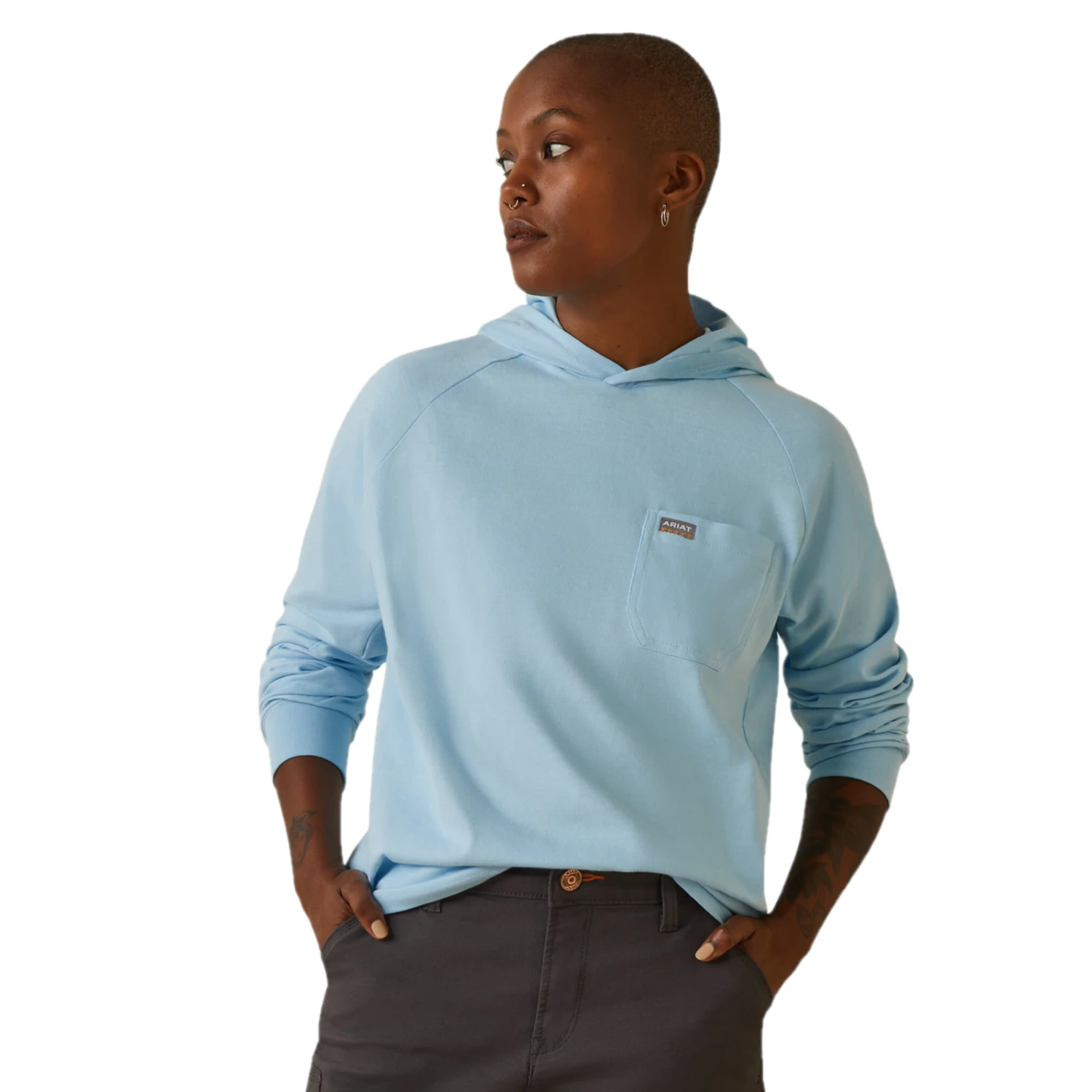 Ariat® Ladies Rebar Cotton Strong™ Clear Sky Blue Hooded T-Shirt 10043841 1 Ariat® Ladies Rebar Cotton Strong™ Clear Sky Blue Hooded T-Shirt 10043841