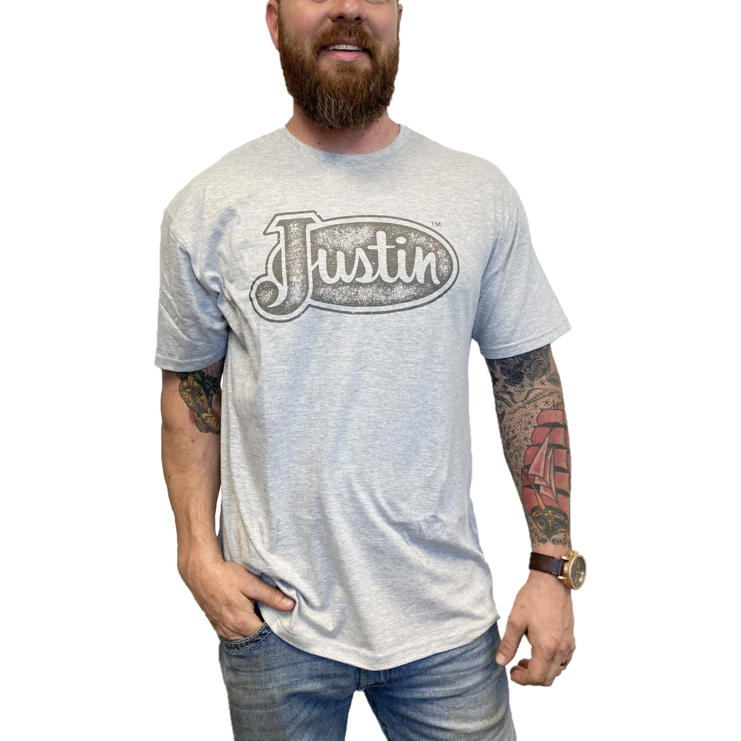 Justin Men's Logo Grey Heather Short Sleeve T-Shirt J-G3179 1 Justin Men's Logo Grey Heather Short Sleeve T-Shirt J-G3179