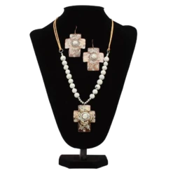 Blazin Roxx® Ladies White Etched Brown Cross Beaded Jewelry Set 29179