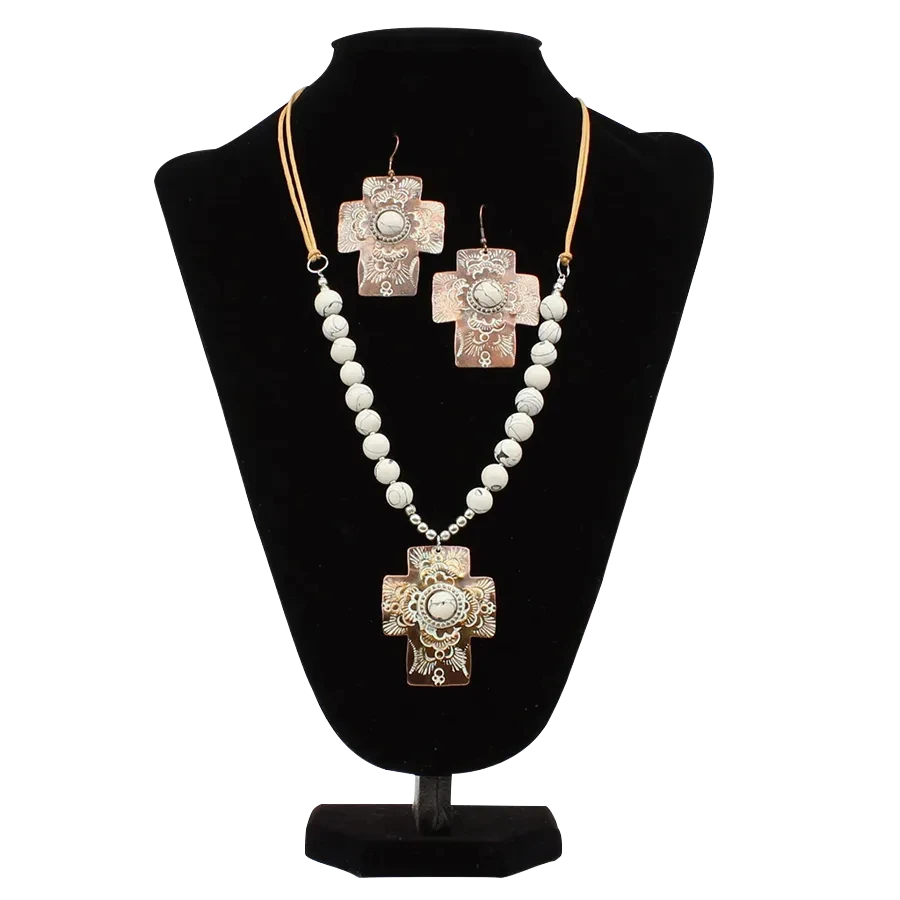 Blazin Roxx® Ladies White Etched Brown Cross Beaded Jewelry Set 29179 1 Blazin Roxx® Ladies White Etched Brown Cross Beaded Jewelry Set 29179