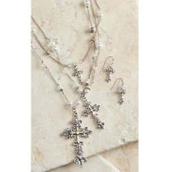 M&F® Ladies Cross & Pearl Long Layered Chain Jewelry Set 29383