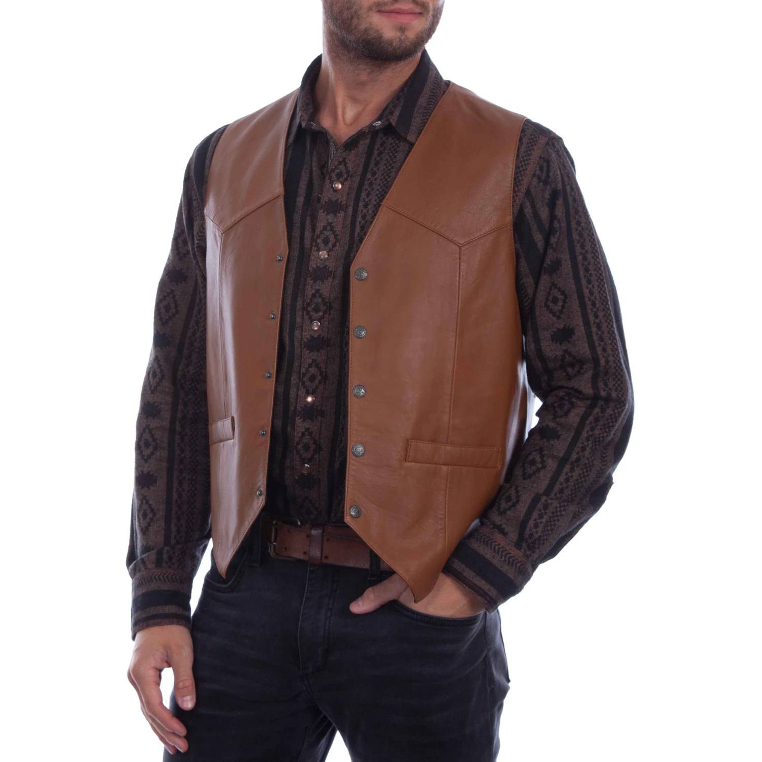 Scully Men's Saddle Tan Lambskin Snap Down Vest 507-15 1 Scully Men's Saddle Tan Lambskin Snap Down Vest 507-15