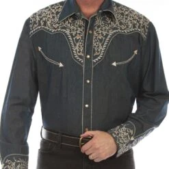 Scully Men's Denim Vine Embroidered Western Button-Up Shirt P-907-DEN