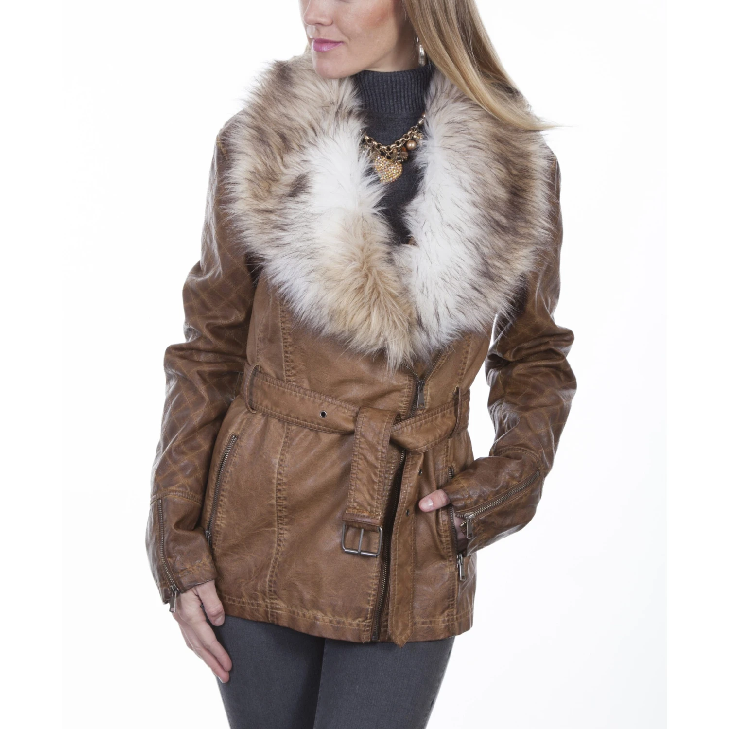 Scully Ladies Brown Faux Fur Trim Jacket 8029-BRN 1 Scully Ladies Brown Faux Fur Trim Jacket 8029-BRN