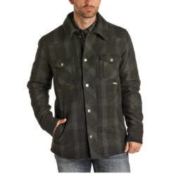 Powder River Men's Charcoal Plaid Wool Commander Jacket 92-1007-02