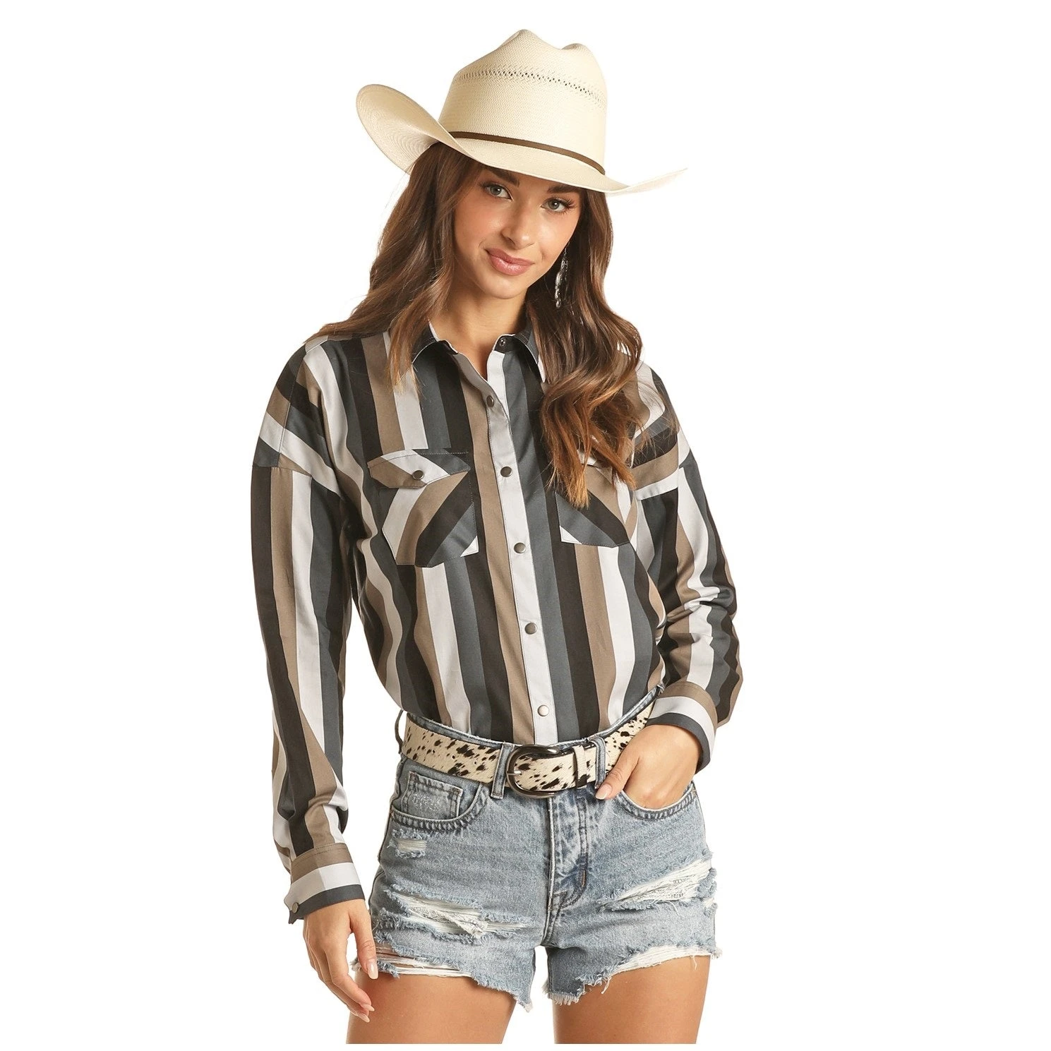 Rock & Roll Cowgirl Ladies Boyfriend Fit Stripe Long Sleeve Shirt B4S3334 1 Rock & Roll Cowgirl Ladies Boyfriend Fit Stripe Long Sleeve Shirt B4S3334