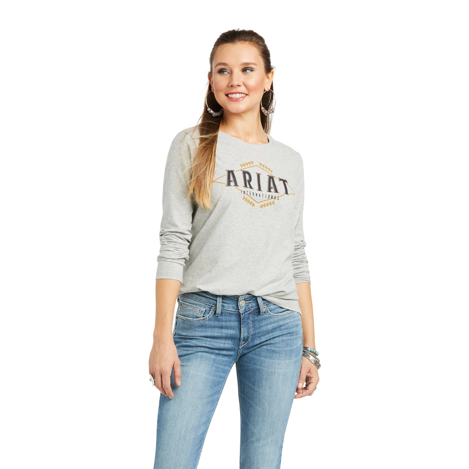 Ariat® Ladies Real Logo Long Sleeve Flourish Grey T-Shirt 10036962 1 Ariat® Ladies Real Logo Long Sleeve Flourish Grey T-Shirt 10036962