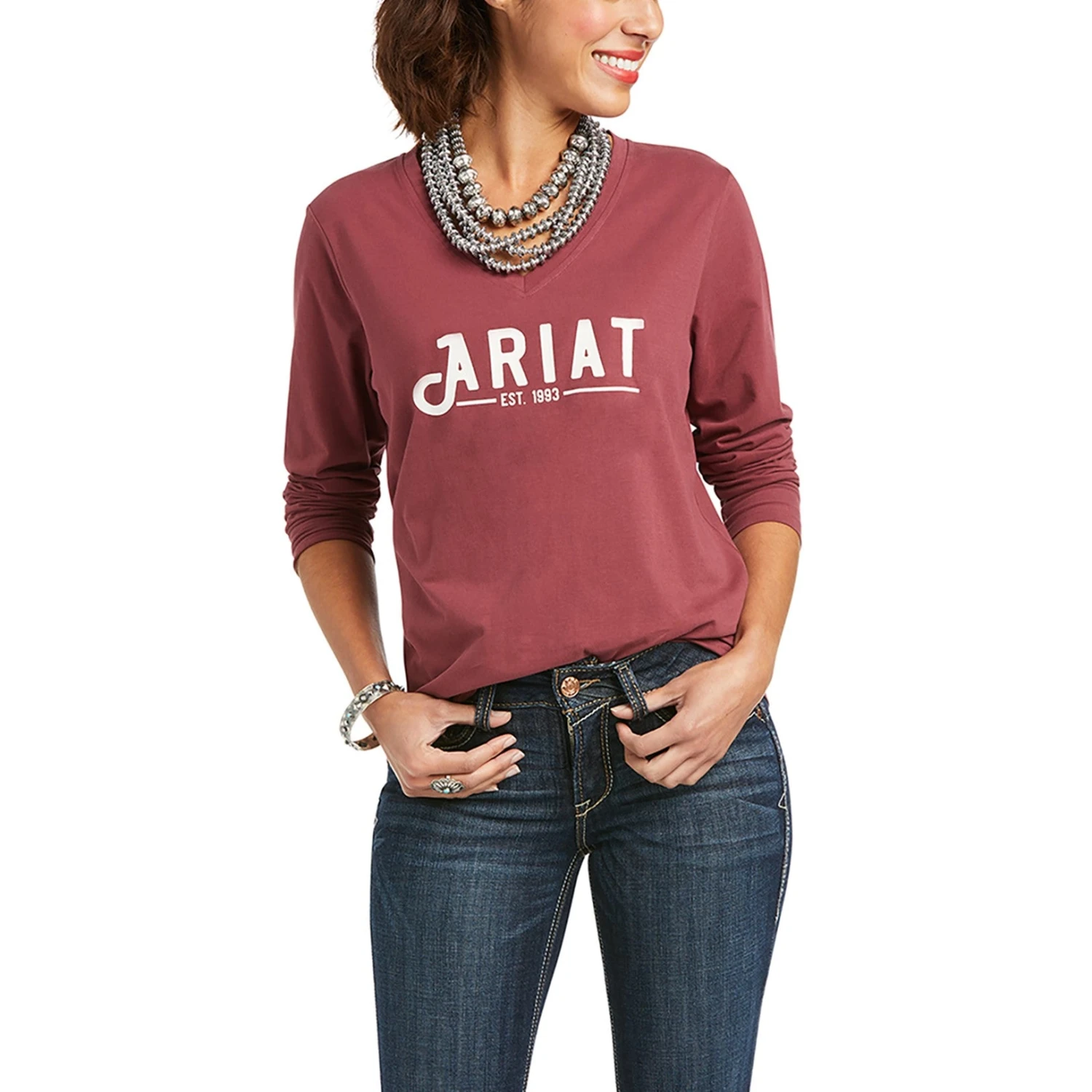 Ariat Ladies REAL Long Sleeve Fig Galaxy Red Logo Tee 10037523 1 Ariat Ladies REAL Long Sleeve Fig Galaxy Red Logo Tee 10037523