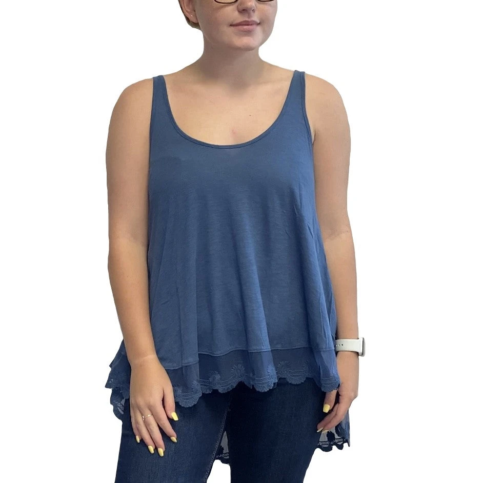 Angie Ladies Slubby Crew Neck Blue Lace Hem Tank X2N56-BLU 1 Angie Ladies Slubby Crew Neck Blue Lace Hem Tank X2N56-BLU