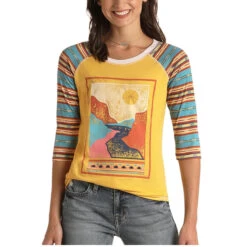 Panhandle White Label Ladies Western Sunset Print Yellow Shirt L9T3446