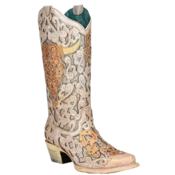 Corral Boots Corral® Ladies White Glitter Inlay & Bull Skull Embroidery Boots A4408