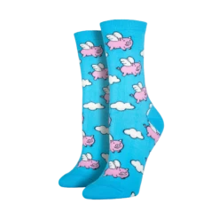 Sock Smith Ladies When Pigs Fly Sky Blue Crew Socks SSW1355