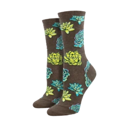 SockSmith Ladies Succulents Brown Heather Crew Socks WNC2613-HEB