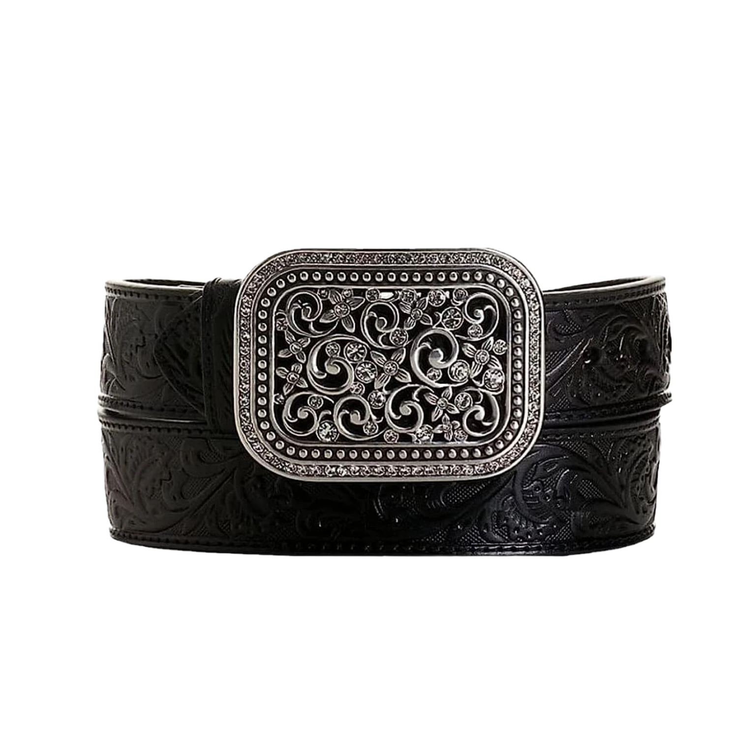 Ariat® Ladies Rhinestone Filigree Tooled Black Leather Belt A10006901 1 Ariat® Ladies Rhinestone Filigree Tooled Black Leather Belt A10006901