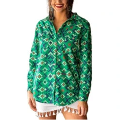 L&B Ladies Aztec Green Button Down Top AK0171-AGC