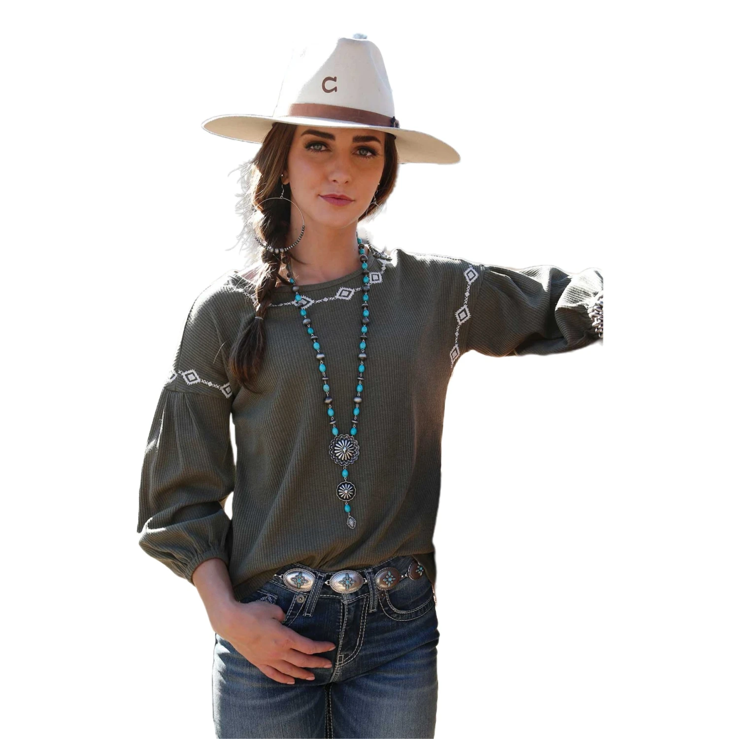 Cruel Denim Ladies Olive Green Waffle Knit Long Sleeve Shirt CTK7368001 1 Cruel Denim Ladies Olive Green Waffle Knit Long Sleeve Shirt CTK7368001