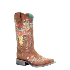 Corral Boots Corral Ladies Tan Deer Skull Overlay & Floral Embroidery Boots A3708