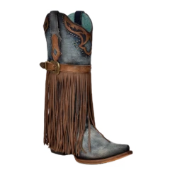 Corral Boots Corral Ladies Blue Jean Denim Harness & Fringe Snip Toe Boots C3873