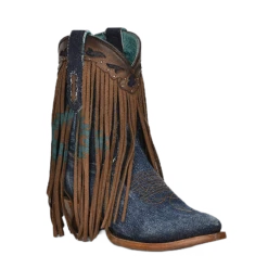 Corral Boots Corral Ladies Fringe Ankle Brown & Denim Overlay Pointed Toe Boots Z5154