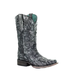 Corral Boots Corral Ladies Black Grey Glitter Inlay & Studs Square Toe Boots C3404
