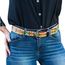 L&B Ladies Cowskull Cactus Print Belt BE-213