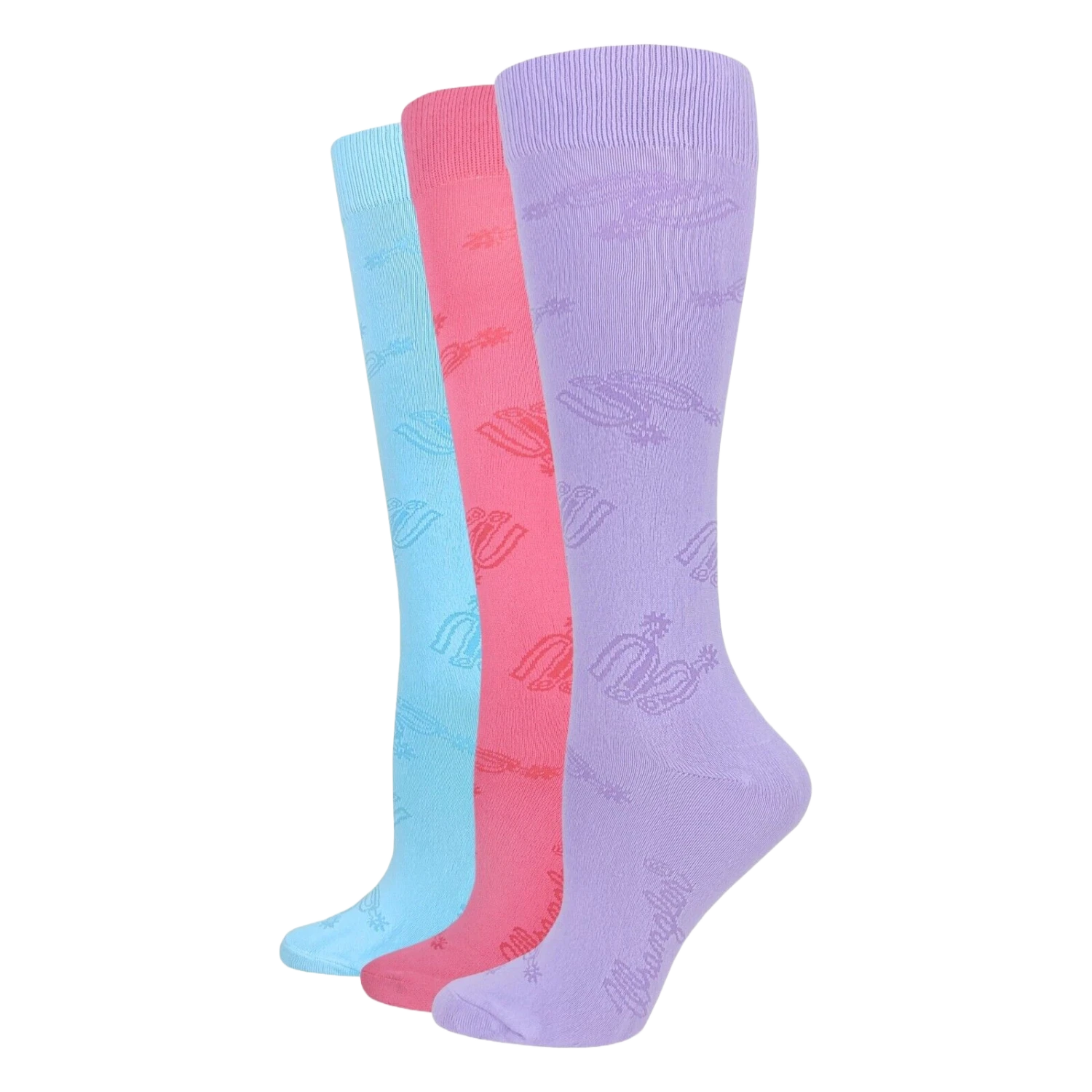 Wrangler® Ladies 3-Pair Spur Strap Pattern Lilac/Light Blue/Pink Knee High Socks 00712-7002-MED 1 Wrangler® Ladies 3-Pair Spur Strap Pattern Lilac/Light Blue/Pink Knee High Socks 00712-7002-MED