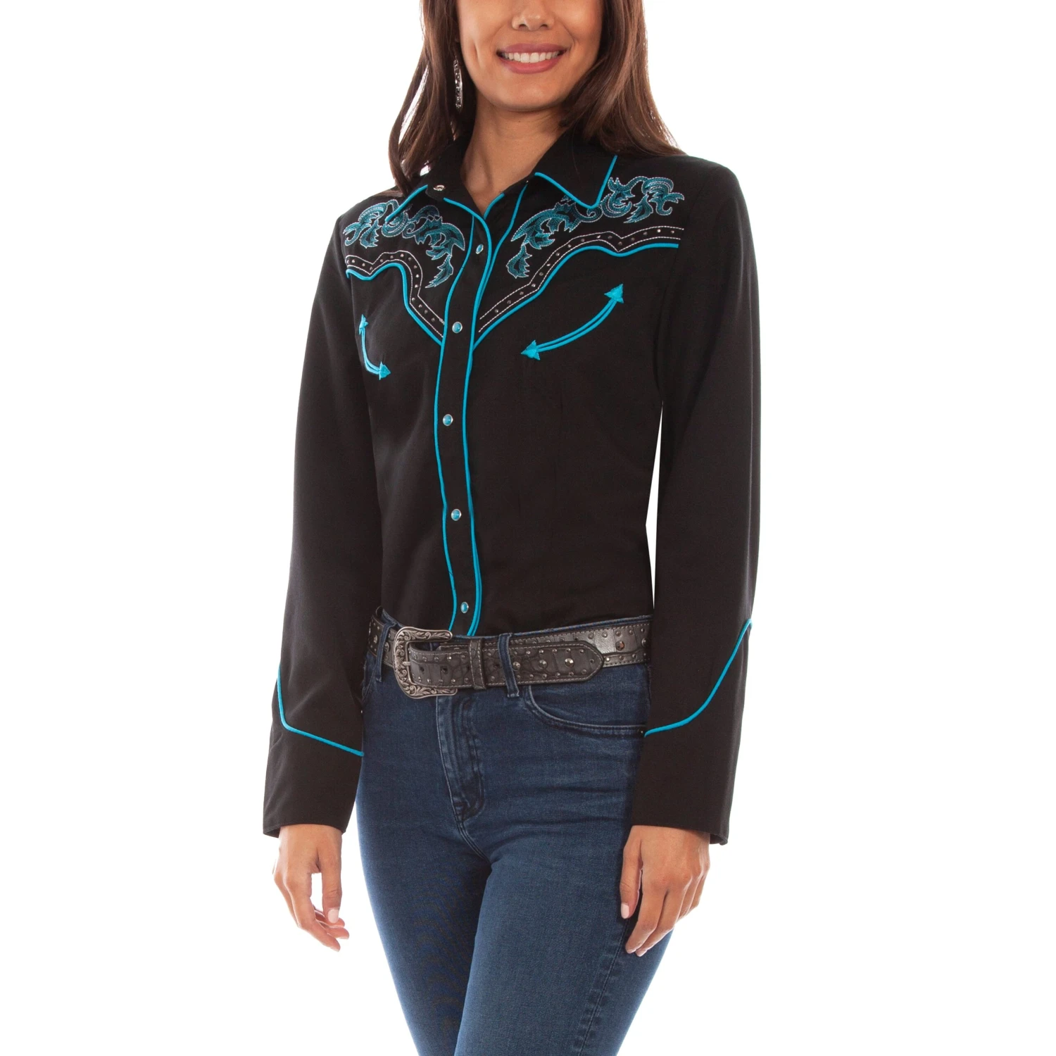 Scully® Ladies Turquoise Boot Stitch Button Down Shirt PL-889-BLK 1 Scully® Ladies Turquoise Boot Stitch Button Down Shirt PL-889-BLK