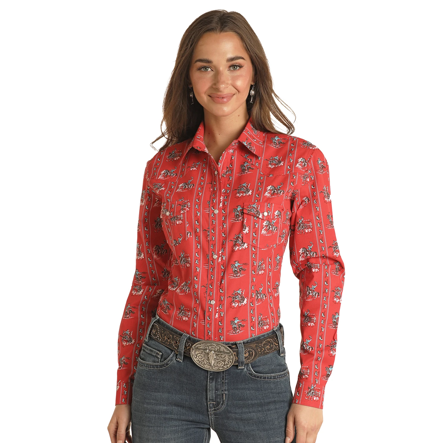Panhandle Red Label® Ladies Red Bucking Horse Snap Up Shirt RLWSOSR0N2 1 Panhandle Red Label® Ladies Red Bucking Horse Snap Up Shirt RLWSOSR0N2