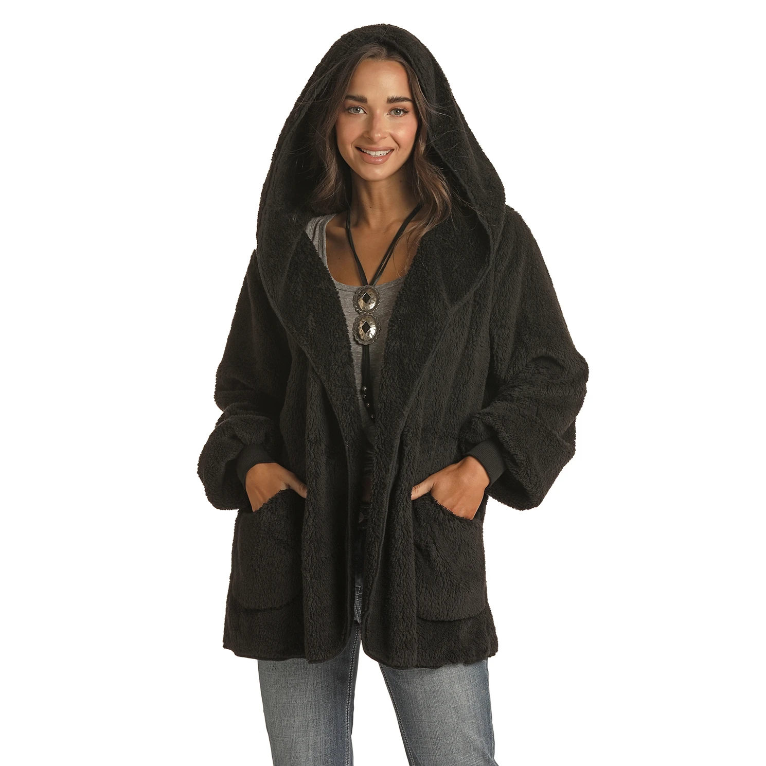 Rough Stock® Ladies Black Plush Hoodie Jacket RLWT92R0FT-01 1 Rough Stock® Ladies Black Plush Hoodie Jacket RLWT92R0FT-01