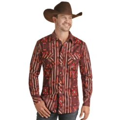 Rock & Roll Cowboy Men's Burgundy Aztec Snap Shirt RRMSOSRZ1K-62