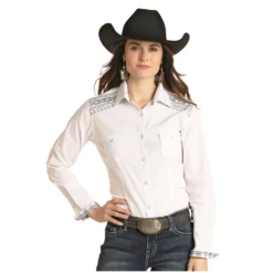 Rough Stock® Ladies Geometric Print White Snap Shirt RSWSOSRYTU-15