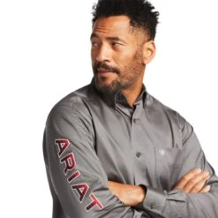 Ariat® Men's Team Logo Twill Fitted Grey Button Down Shirt 10039439 -Ariat Style S22 MNS WEST 10039439 detail02