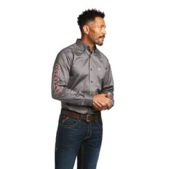 Ariat® Men's Team Logo Twill Fitted Grey Button Down Shirt 10039439