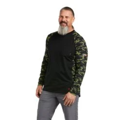 Ariat® Men's FR Stretch Camo Baseball Black/Lime T-Shirt 10039165