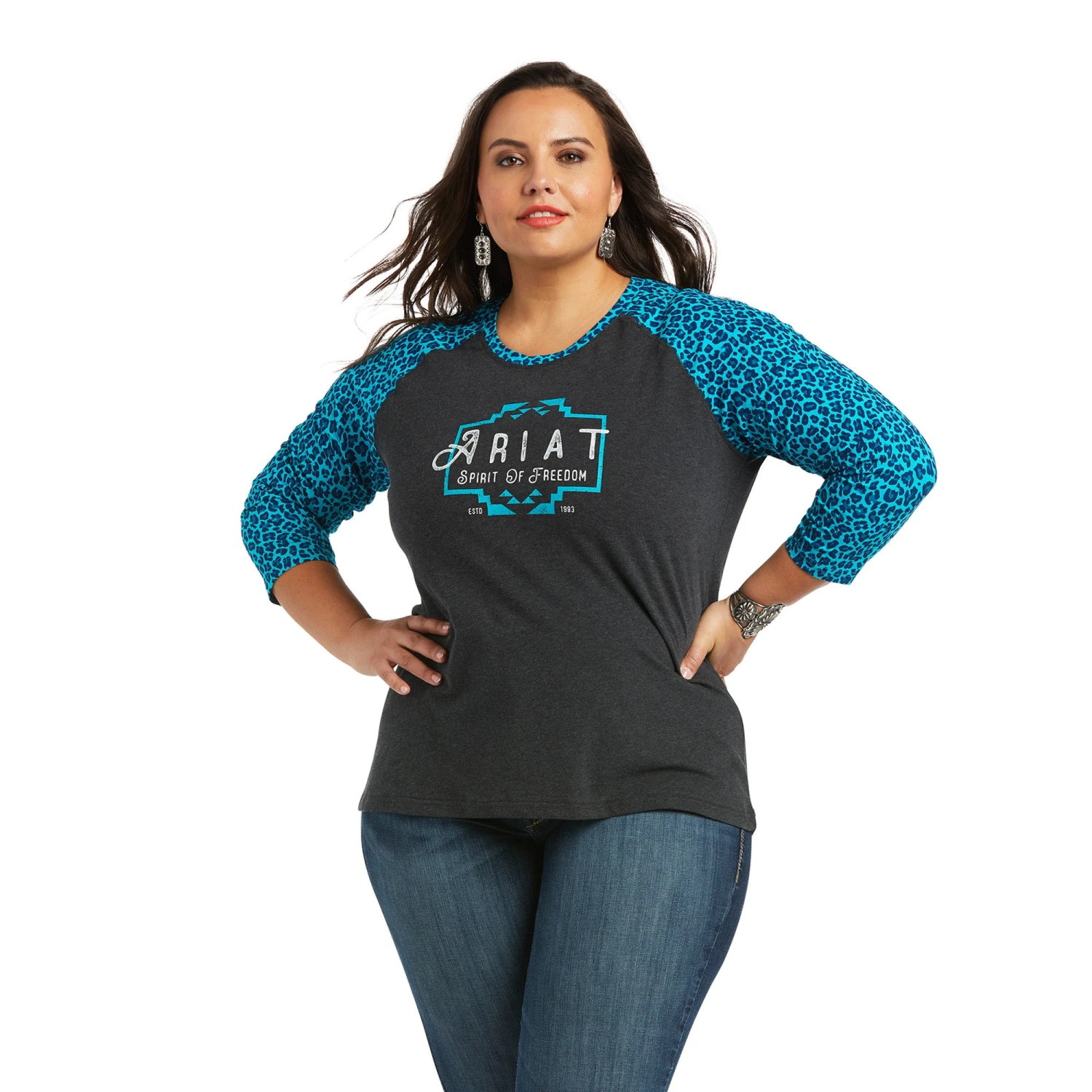 Ariat® Ladies REAL Freedom Heather Charcoal & Leopard T-Shirt 10039775 2 Ariat® Ladies REAL Freedom Heather Charcoal & Leopard T-Shirt 10039775 - Image 2