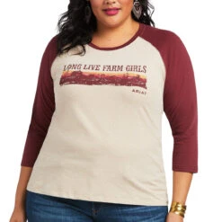 Ariat® Ladies R.E.A.L.™ Long Live Oatmeal Baseball T-Shirt 10039778 -Ariat Style S22 WMS WEST 10039778 front plus