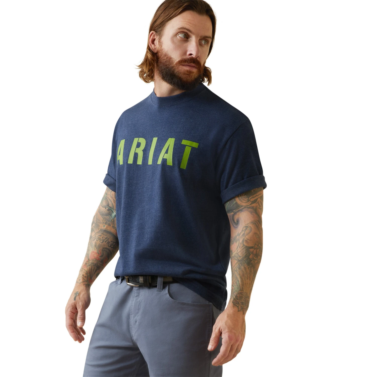 Ariat® Men's Rebar Cotton Strong™ Navy Heather & Lime T-Shirt 10043607 1 Ariat® Men's Rebar Cotton Strong™ Navy Heather & Lime T-Shirt 10043607