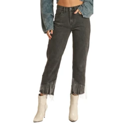 Rock & Roll Denim Ladies High Rise Chain Fringe Straight Cropped Jeans RRWD9HRZQV