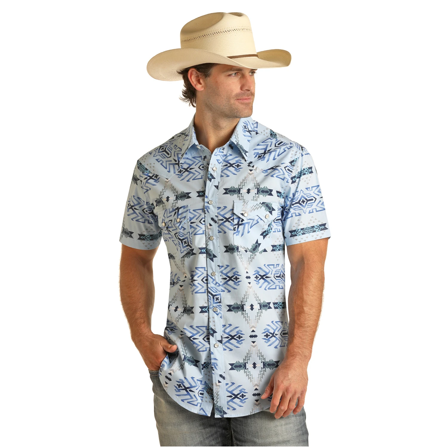 Rock & Roll Cowboy Men's Blue Aztec Button Up Shirt RRMS1SRZ7Z-45 1 Rock & Roll Cowboy Men's Blue Aztec Button Up Shirt RRMS1SRZ7Z-45
